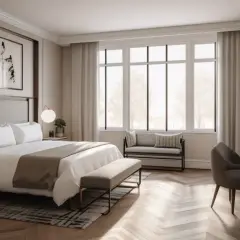 Camera da letto elegante con letto king-size, opere d'arte astratte e un'ampia finestra. Il **gds significato** qui è il comfort e il lusso.