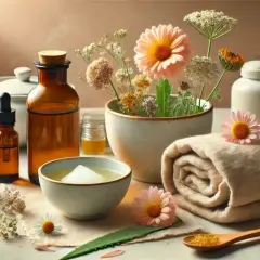 Olio di paraffina a cosa serve? In questa scena rilassante, ingredienti naturali come aloe e calendula si uniscono a oli per la cura della pelle.