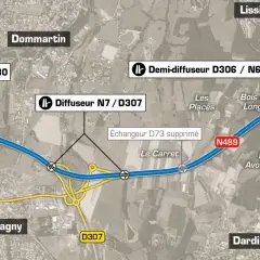 Plan de l'autoroute A89, montrant les échangeurs D30, D306/N6, N7/D307, et la connexion avec la N489 et l'A6 près de Lyon.