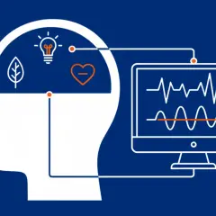 Grafika ilustruje, neurofeedback co to: połączenie mózgu z monitorem pokazującym fale mózgowe, symbolizujące kontrolę nad myślami i emocjami.
