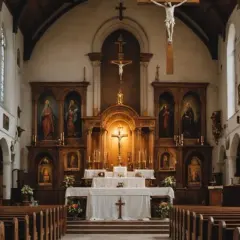 Wnętrze kościoła katolickiego z ołtarzem, krucyfiksem i ławkami.