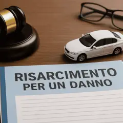 Martelletto da giudice, auto giocattolo, occhiali e calcolatrice su un tavolo. Documento "Risarcimento per un danno". Chi paga in caso di infortunio sul lavoro?