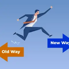 A businessman leaps from an "Old Way" arrow towards a "New Way" arrow, symbolizing a reflection on change in the workplace.
