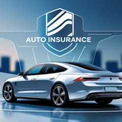 Auto moderna sotto un simbolo di assicurazione. Non dimenticare la scadenza assicurazione auto per viaggiare sereni.