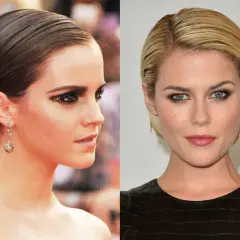 Två kvinnor med slick back-frisyrer. Den ena har mörkt hår och dramatisk ögonmakeup, den andra ljust hår och en svart klänning.