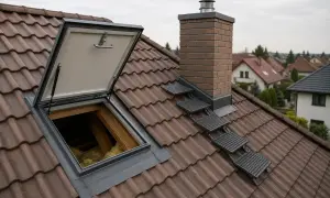 Otwarty wyłaz dachowy z widoczną izolacją i drabinką prowadzącą do komina.