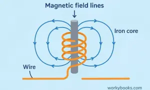 Schemat elektromagnesu z rdzeniem żelaznym, nawiniętym drutem i liniami pola magnetycznego.