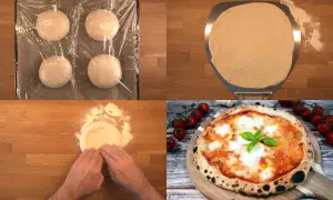 Pizzadeg som jäser, formas och bakas till en Margherita med olivolja.