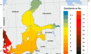 Mapa Bałtyku z kolorami wskazującymi zasolenie wody w promilach.