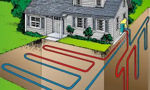 Ilustración de una casa con tuberías rojas y azules enterradas, mostrando que es la geotermia y cómo funciona extrayendo calor del subsuelo.