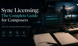 A composer's guide to sync licensing, showing a studio setup with a laptop displaying audio software, a keyboard, and contracts. Learn what is a sync.