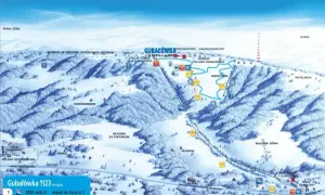Mapa narciarska Gubałówki z trasami, wyciągami i atrakcjami. Widoczny Snow Park i punkty gastronomiczne.