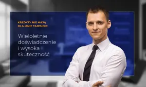 Mężczyzna w białej koszuli i krawacie, z tekstem "Kredyty nie mają dla mnie tajemnic".