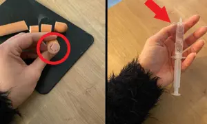 Jak podać psu tabletkę? Pokrojona parówka z wgłębieniem na lek i strzykawka bez igły.