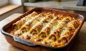 Cannellonis farcis à la viande, gratinés au fromage fondant, prêts pour la cuisson. Un délice à savourer.