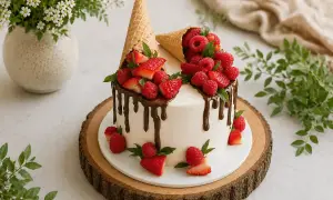 Eine moderne Erdbeertorte mit Schokoladenglasur, gefüllt mit frischen Erdbeeren und Himbeeren in Eiswaffeln.