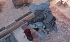 Assassin's Creed Mirage poradnik: Basim przygotowuje się do ataku z ukrycia, ostrze wysunięte.