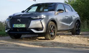 Elegancki, srebrny ds3 crossback na tle zieleni.