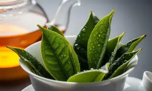 Świeże liście herbaty oolong w białej filiżance, gotowe do parzenia. Obok dzbanek z bursztynowym naparem.
