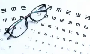 Okulary na tle tablicy Snellena z literami E.