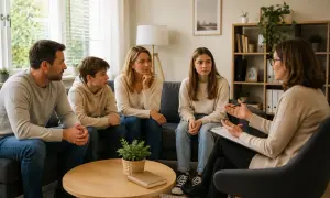 Rodzina siedzi na kanapie, słuchając terapeuty. Wszyscy wyglądają na zamyślonych, co sugeruje, że przechodzą przez trudny okres. Terapia rodzinna pomaga im znaleźć drogę do lepszego porozumienia.