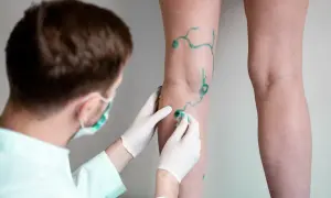 Lekarz w rękawiczkach zaznacza zielonym markerem naczynia na nodze pacjentki, szukając skutecznych babcinych sposobów na żylaki.