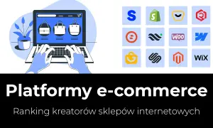 Grafika przedstawia laptop z wyświetlonymi torebkami, obok ikony popularnych platform ecommerce.