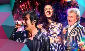 Matty Healy, Olivia Rodrigo, and Rod Stewart perform on stage with fireworks in the background, a vibrant montage celebrating BBC Glastonbury.