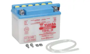 Akumulator Yuasa YB4L-B 12V 4Ah, idealny jako akumulator do skutera 50 2t. W zestawie śruby i wężyk.