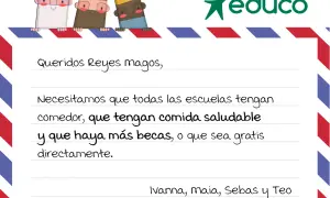 Ilustración de tres Reyes Magos con una carta escrita a mano y el logo de "Reduco".