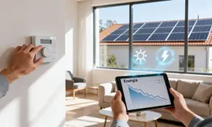 Persona ajusta termostato mientras tablet muestra gráfico de energía y paneles solares en tejado, indicando gestión de excedentes PVPC.