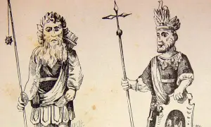 Gog i Magog, dwaj wojownicy w starożytnych strojach, jeden z łukiem i maczugą, drugi z berłem i tarczą.