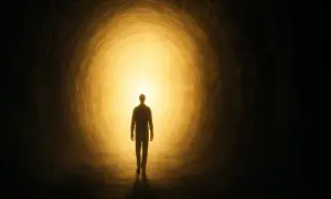 Silueta de una persona caminando hacia una luz brillante en un túnel, evocando experiencias cercanas a la muerte.