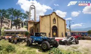 Wiele terenowych pojazdów przed kościołem w Meksyku. Idealna grafika, by sprawdzić forza horizon 5 wymagania.