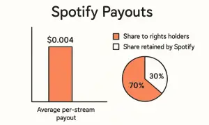 Bar chart shows average per-stream payout is $0.004. Pie chart shows 70% goes to rights holders, 30% to Spotify.
