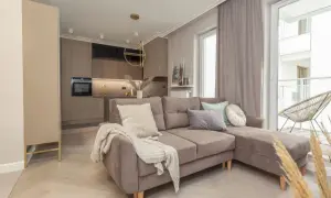Jak urządzić małe mieszkanie 40 m? Przytulny salon z aneksem kuchennym, wygodna kanapa i stylowe dodatki.