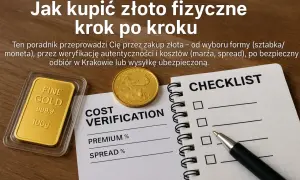 Poradnik "Jak kupić złoto fizyczne krok po kroku" z sztabką złota, monetą i checklistą. Twoja inwestycja w złoto zaczyna się tutaj.