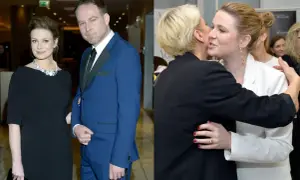 Marcin Perchuć z partnerką na premierze. Po prawej stronie uściski dwóch kobiet.