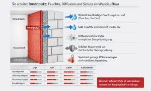 Vergleich verschiedener innenputz arten: Gips, Kalk, Lehm, Kalkzement. Die Grafik zeigt deren Eigenschaften wie Feuchtepuffer, Diffusion, Feuchtebeständigkeit und Druckfestigkeit.