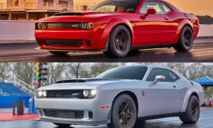 Dwa Dodge Challenger Demon: czerwony na torze wyścigowym i srebrny z numerem 150.
