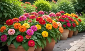 En rad krukor fyllda med färgglada zinnia i olika nyanser av rosa, rött, orange och gult. Det är svårt att säga exakt hur många zinnia i en kruka, men de är tätt planterade.