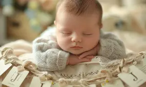 Un bébé endormi, le visage posé sur ses mains, porte un pull en maille. Des étiquettes avec la lettre "J" décorent le bord, suggérant un prénom en J.