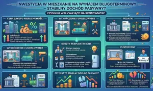 Inwestowanie w nieruchomości na wynajem długoterminowy. Schemat pokazuje czynniki wpływające na rentowność: cenę zakupu, wykończenie, koszty, podatki i pustostany.
