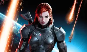 Komandor Shepard w zbroi N7, w tle kosmiczna bitwa z serialu Mass Effect.