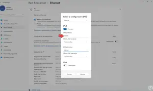 Ventana de Windows 11 para cambiar DNS. Se muestra la configuración manual de DNS IPv4 con 8.8.8.8 como preferido.