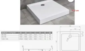 Niski brodzik prysznicowy DOROS C Compact, wymiary i schemat montażu. Wysokość 11,5 cm.