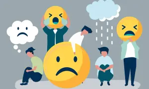 Ludzie z wielkimi, smutnymi emotikonami symbolizują trudności w opanowaniu emocji. Deszcz i chmury podkreślają przygnębienie.
