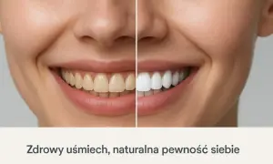Piaskowanie zębów efekt przed i po: żółte zęby po lewej, białe po prawej. Zdrowy uśmiech, naturalna pewność siebie.