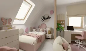 Uroczy pokój boho dla dziewczynki z łóżkiem, biurkiem i wygodnym fotelem.