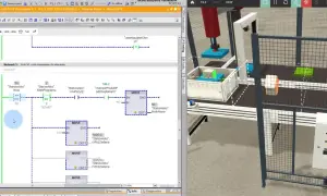 Symulacja procesu produkcyjnego w języku LAD. Program steruje manipulatorem, który przesuwa elementy.